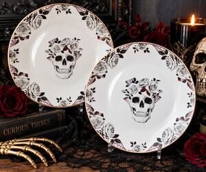 Eaton Fine Dining Skull Roses Dinner Plates Set of 2 Gothic Halloween 10.5"